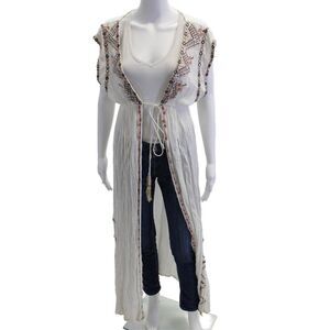 ZL Womens Embroidered Sleeveless Tie Front Duster Cardigan Top White Size M